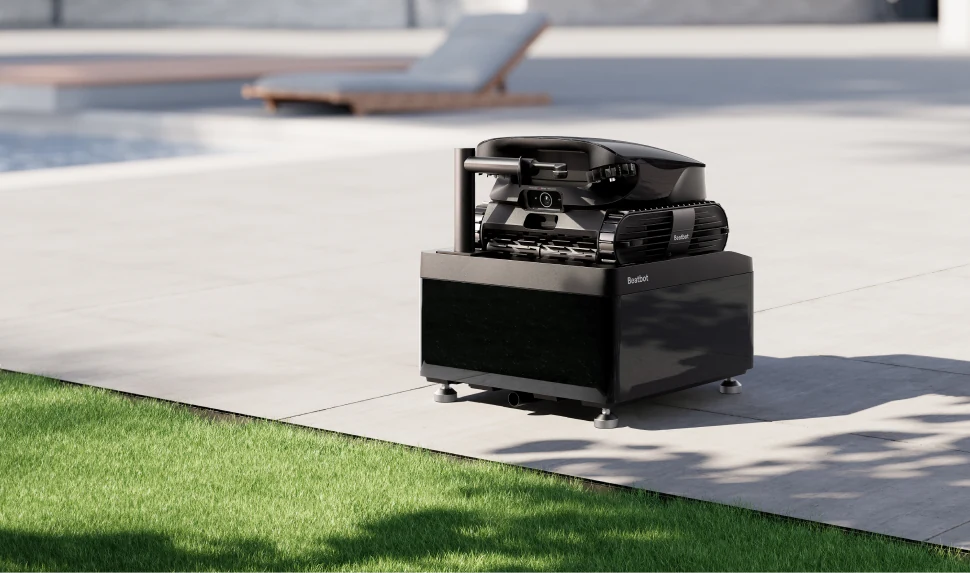 AquaSense X pool cleaning system beside a swimming pool
